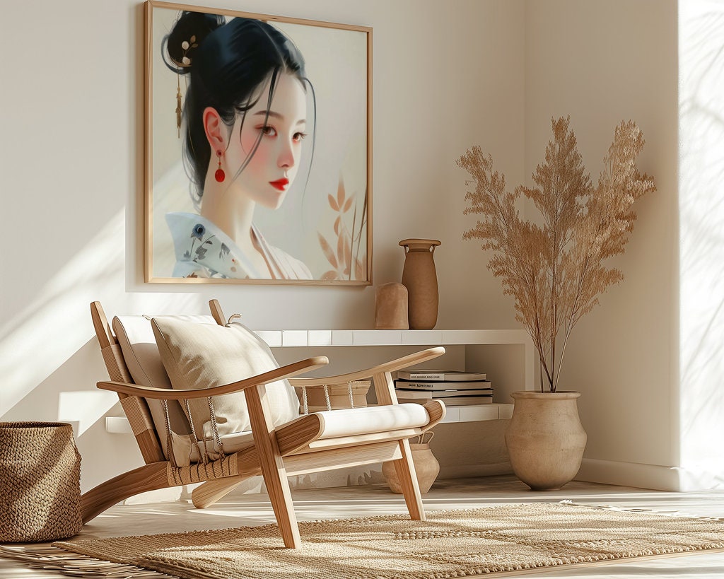 The Geisha's Gaze: Elegant Japanese Woman Portrait | Traditional Floral Art Decor