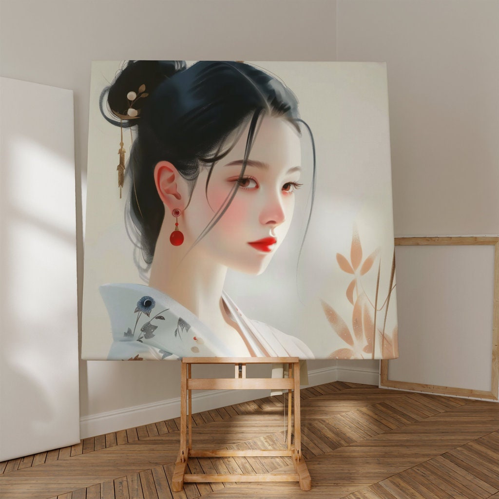 The Geisha's Gaze: Elegant Japanese Woman Portrait | Traditional Floral Art Decor