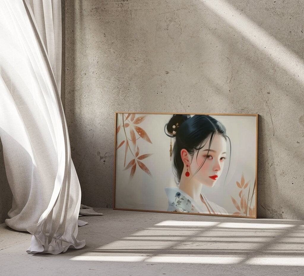 The Geisha's Gaze: Elegant Japanese Woman Portrait | Traditional Floral Art Decor