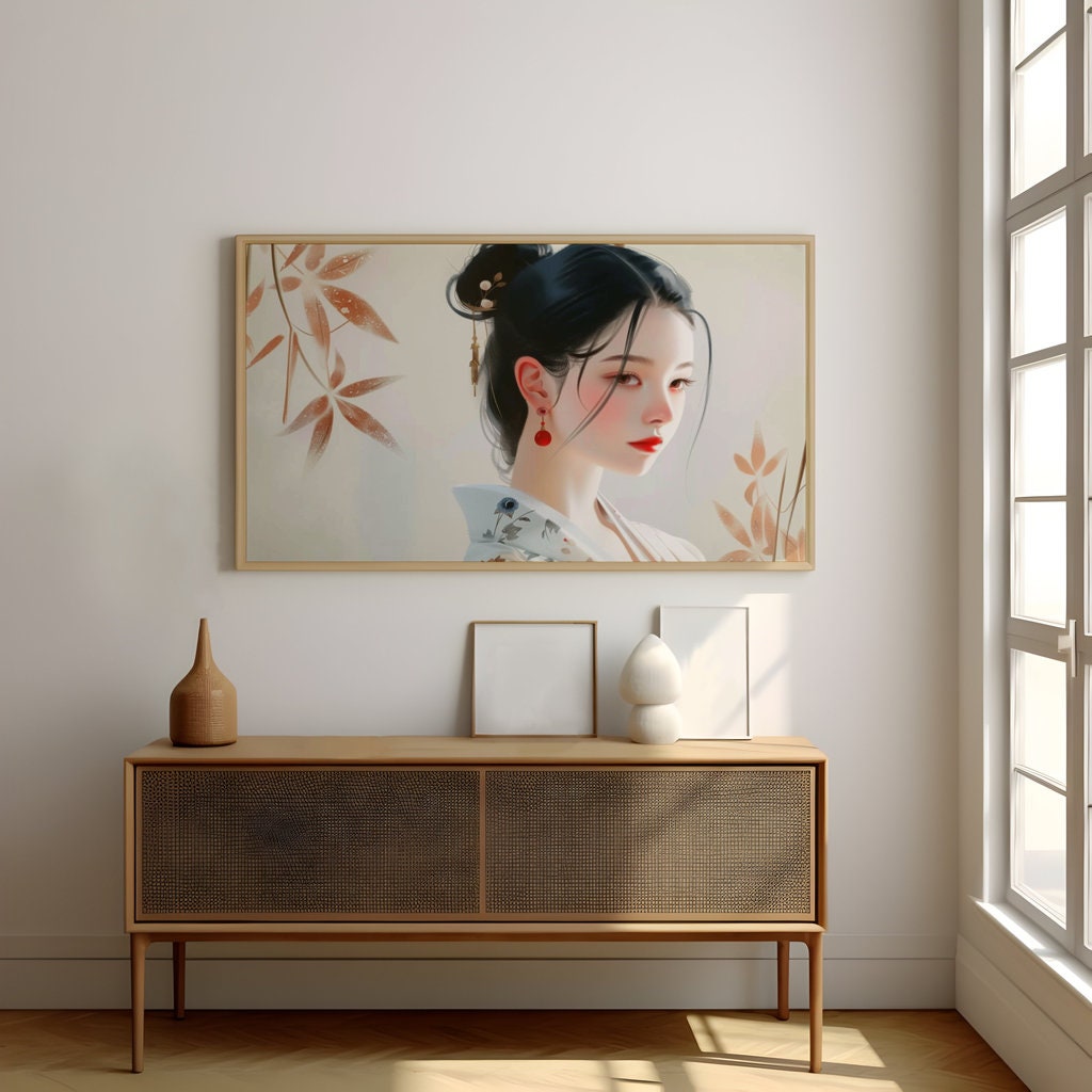 The Geisha's Gaze: Elegant Japanese Woman Portrait | Traditional Floral Art Decor