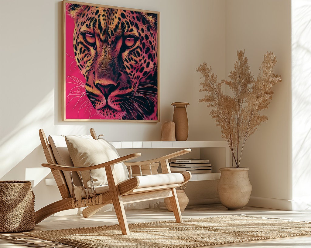 Fierce Leopard Intense Eyes and Vibrant Pink Art Interactive Wall Art