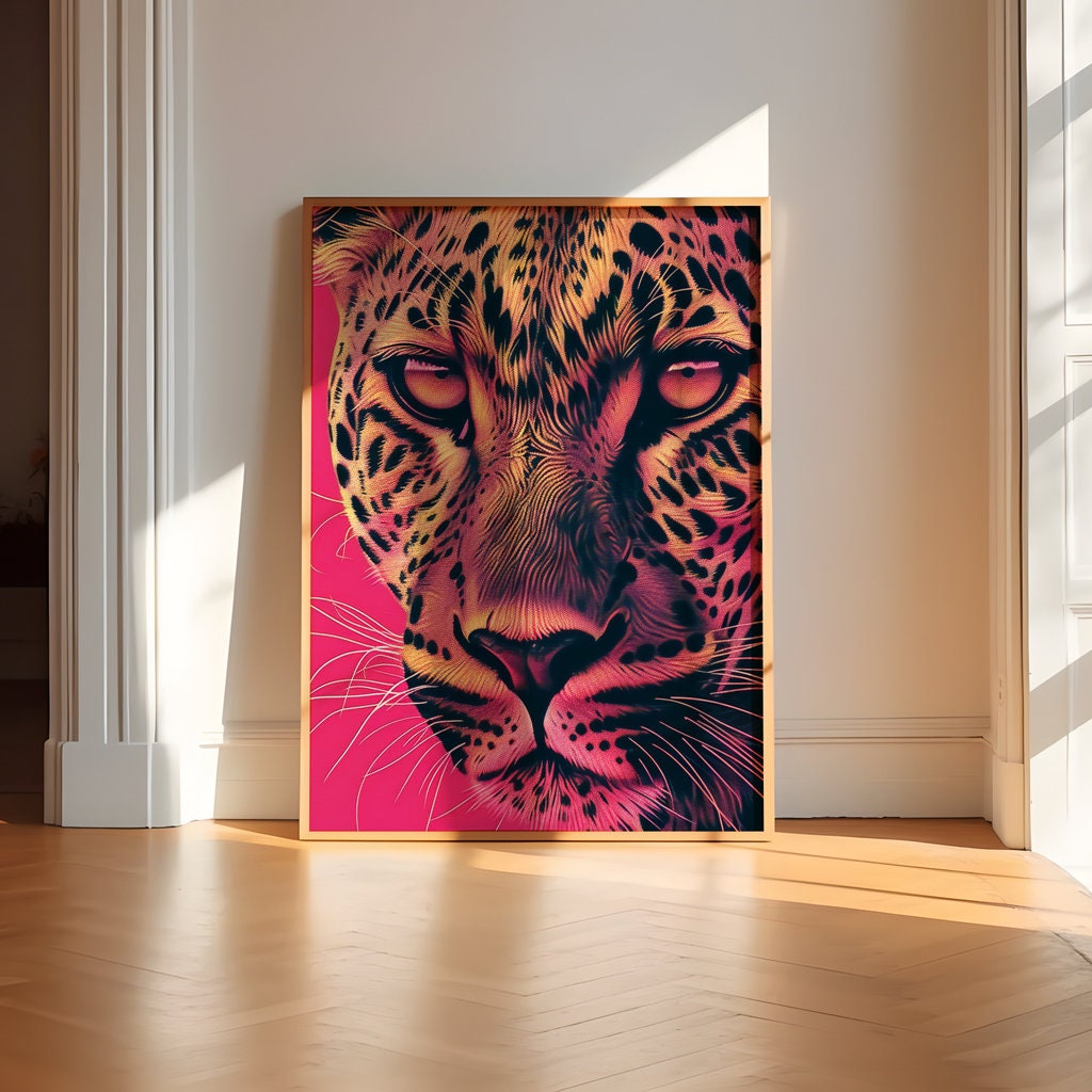 Fierce Leopard Intense Eyes and Vibrant Pink Art Interactive Wall Art