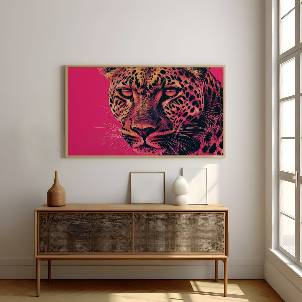 Fierce Leopard Intense Eyes and Vibrant Pink Art Interactive Wall Art