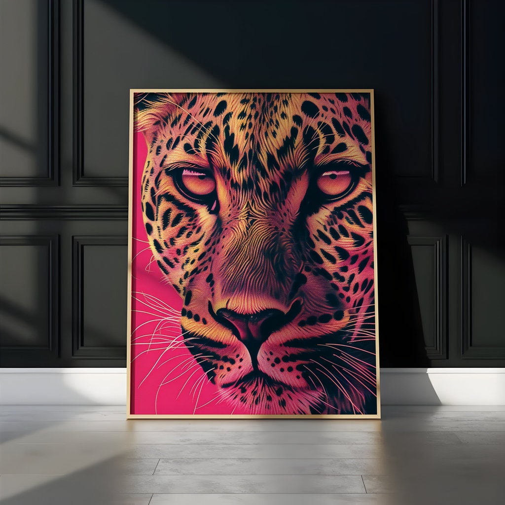 Fierce Leopard Intense Eyes and Vibrant Pink Art Interactive Wall Art