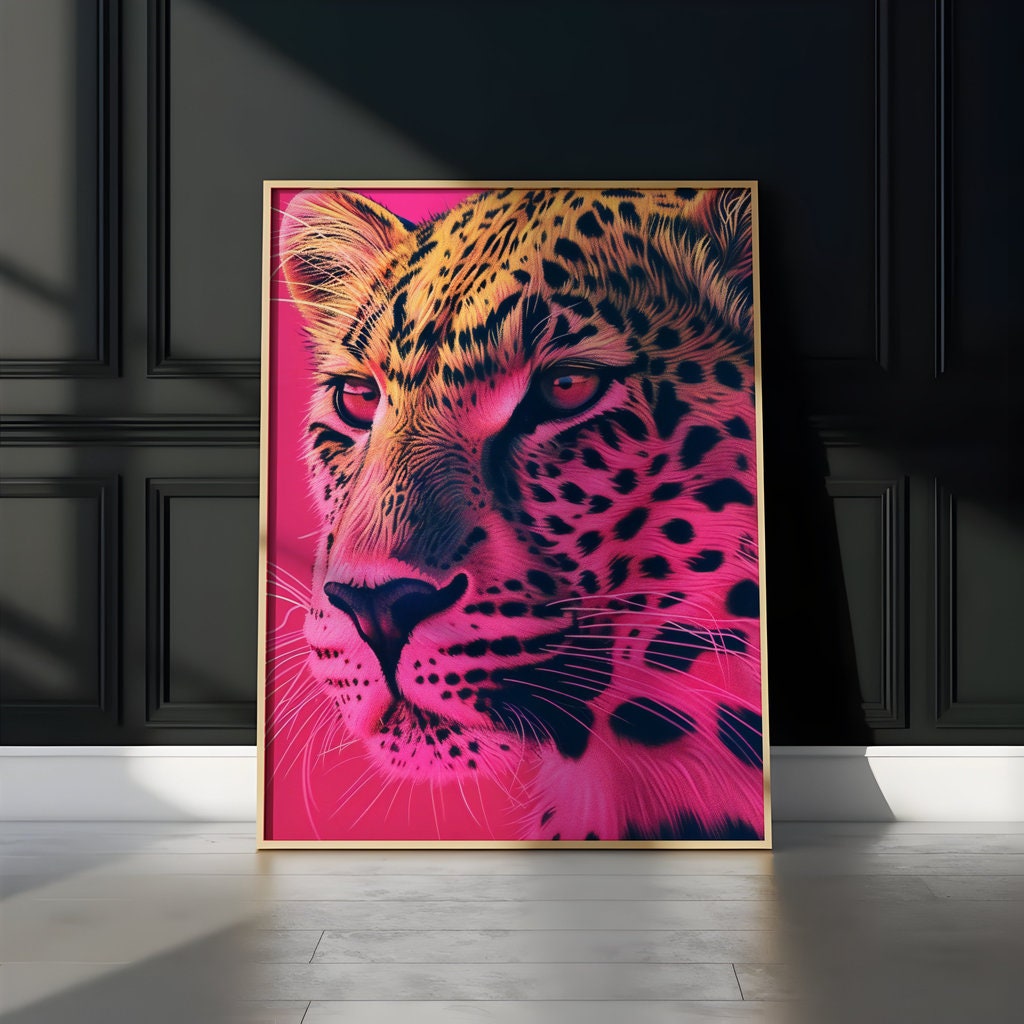 Majestic Leopard Intense Gaze Against Dramatic Pink Art Interactive Wall Art