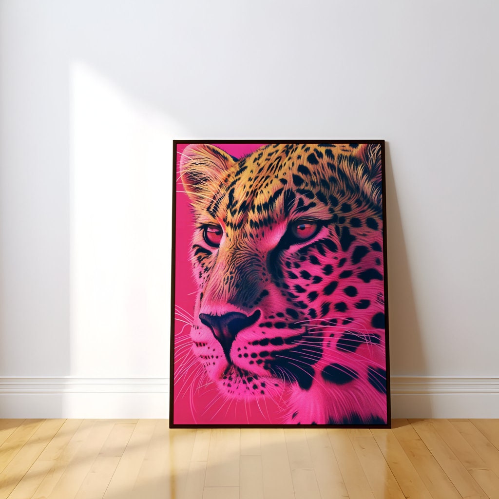 Majestic Leopard Intense Gaze Against Dramatic Pink Art Interactive Wall Art