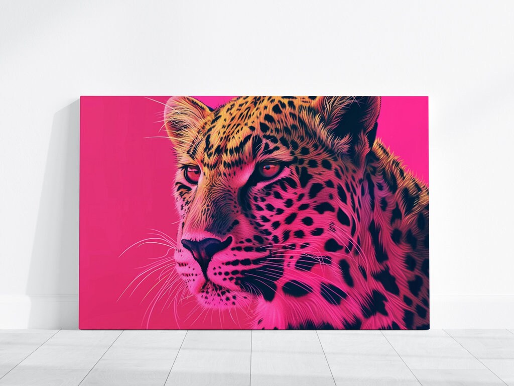 Majestic Leopard Intense Gaze Against Dramatic Pink Art Interactive Wall Art