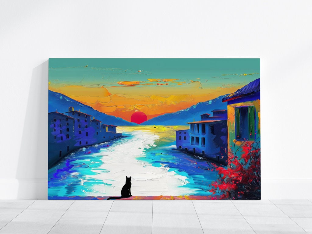 Canal Sunset Silhouetted Cat Interactive Wall Art