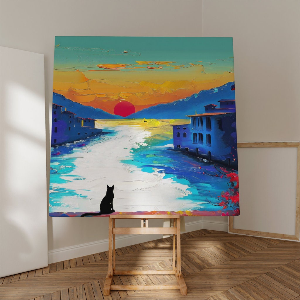 Canal Sunset Silhouetted Cat Interactive Wall Art