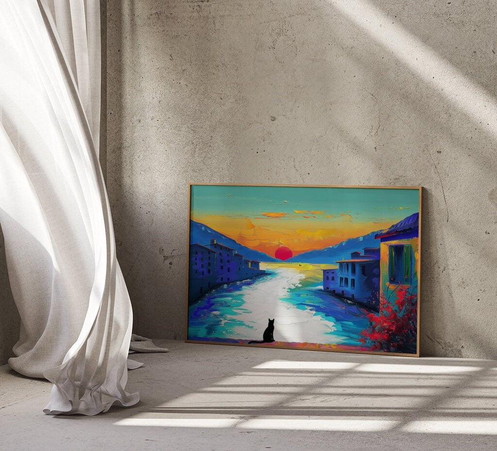 Canal Sunset Silhouetted Cat Interactive Wall Art