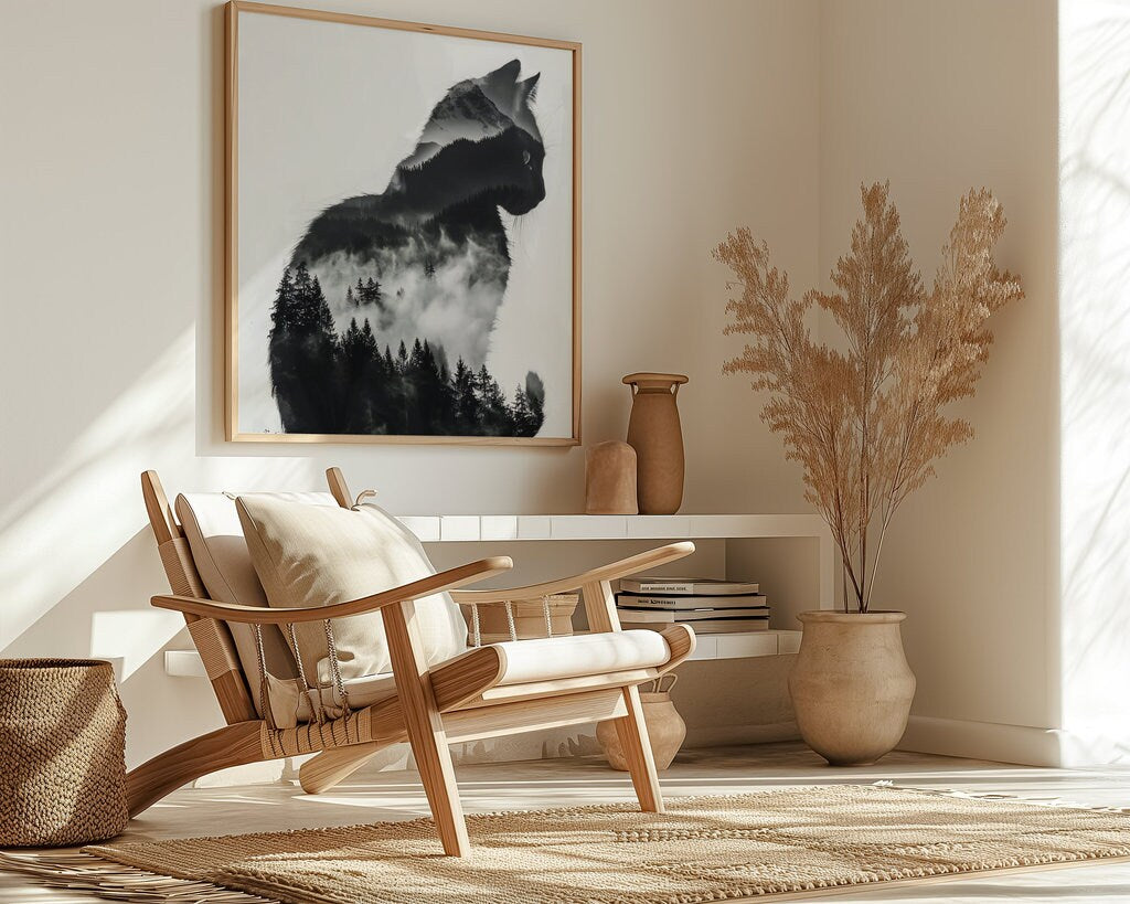 Mystical Cat and Mountain Landscape Interactive Wall Art