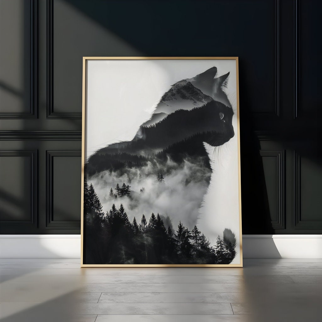 Mystical Cat and Mountain Landscape Interactive Wall Art