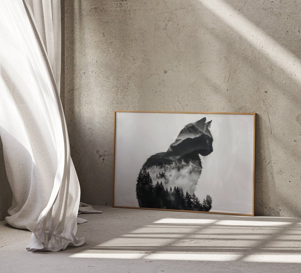 Mystical Cat and Mountain Landscape Interactive Wall Art