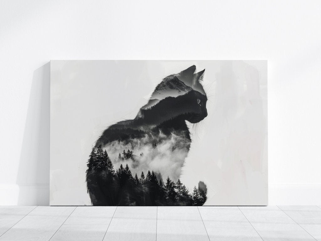 Mystical Cat and Mountain Landscape Interactive Wall Art