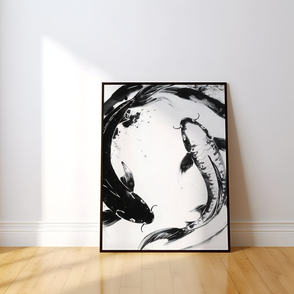 Fluid Elegance Graphic Koi Fish in Abstract Swirls Interactive Wall Art