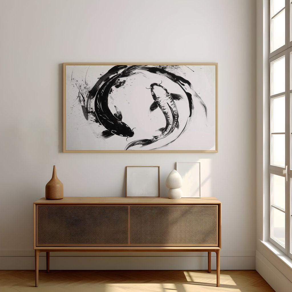 Fluid Elegance Graphic Koi Fish in Abstract Swirls Interactive Wall Art