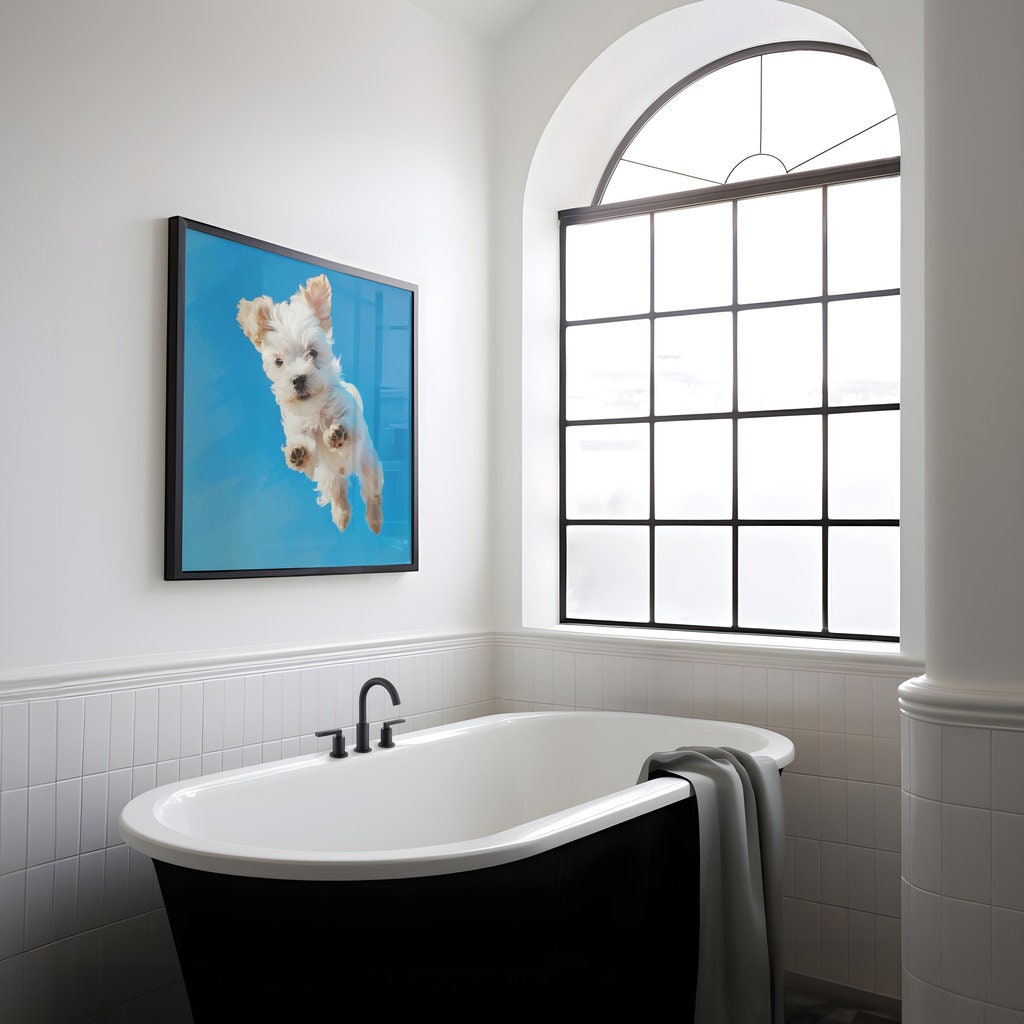 Playful Pup Fluffy White Dog in Mid-Jump Interactive Wall Art