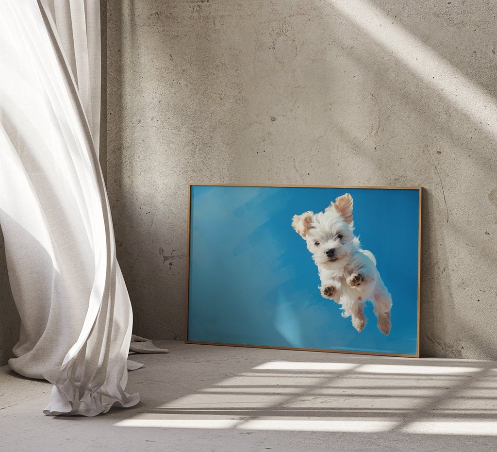 Playful Pup Fluffy White Dog in Mid-Jump Interactive Wall Art