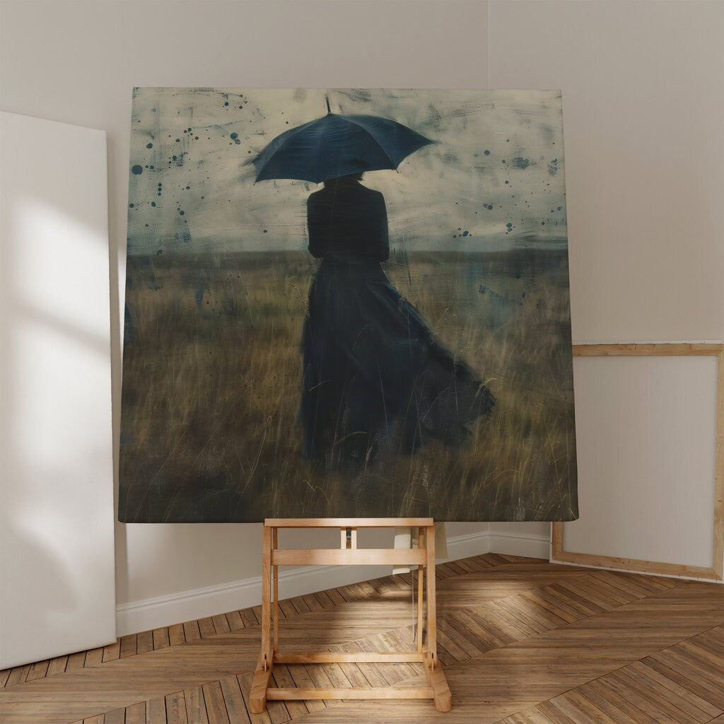 Solitude in the Rain Woman with Umbrella in Moody Field Interactive Wall Art