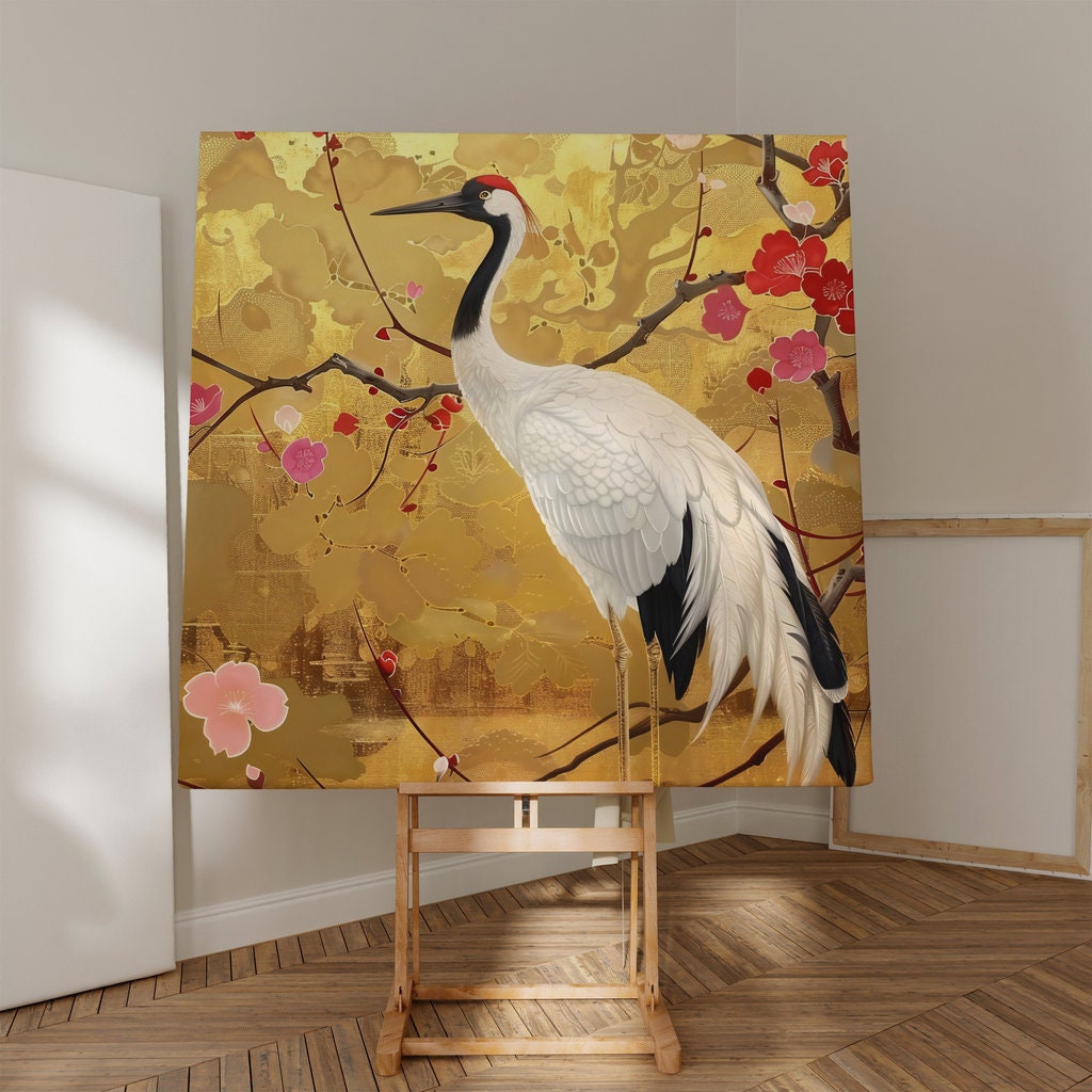 Graceful Crane Among Vibrant Floral Splendor Interactive Wall Art