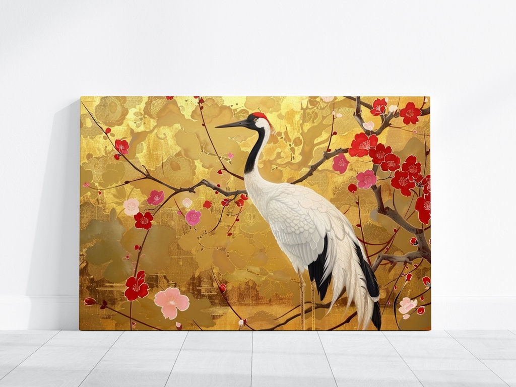 Graceful Crane Among Vibrant Floral Splendor Interactive Wall Art