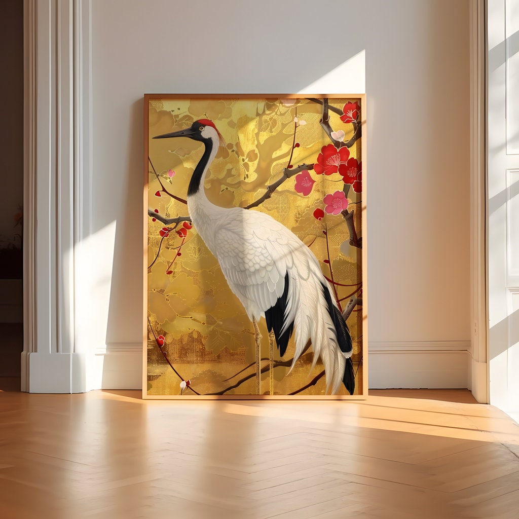 Graceful Crane Among Vibrant Floral Splendor Interactive Wall Art