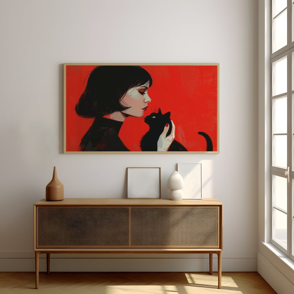 Woman and Black Cat Vibrant Red Portrait Interactive Wall Art