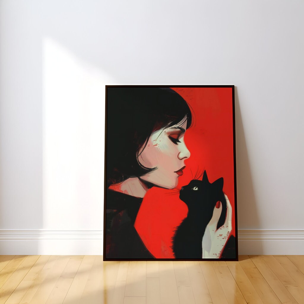 Woman and Black Cat Vibrant Red Portrait Interactive Wall Art