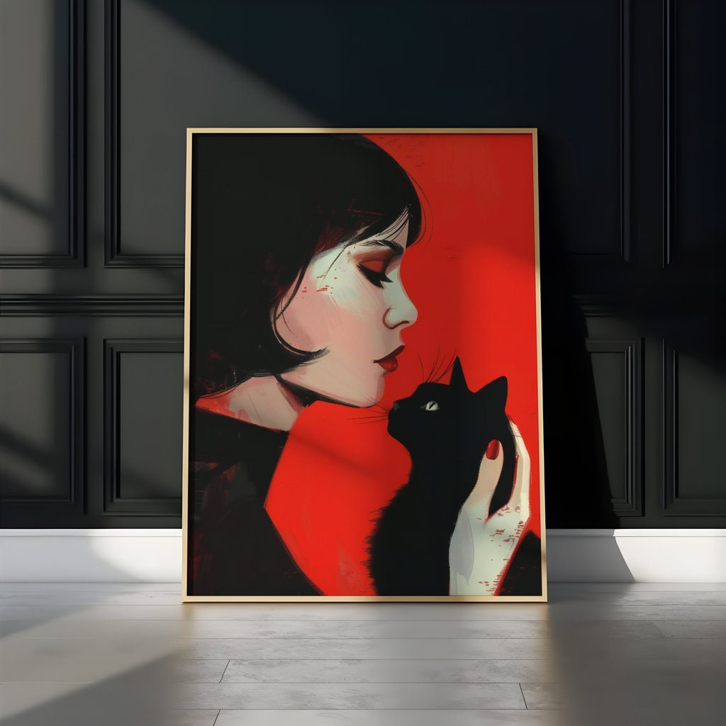 Woman and Black Cat Vibrant Red Portrait Interactive Wall Art