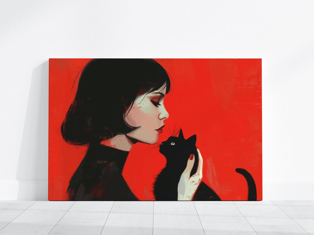 Woman and Black Cat Vibrant Red Portrait Interactive Wall Art