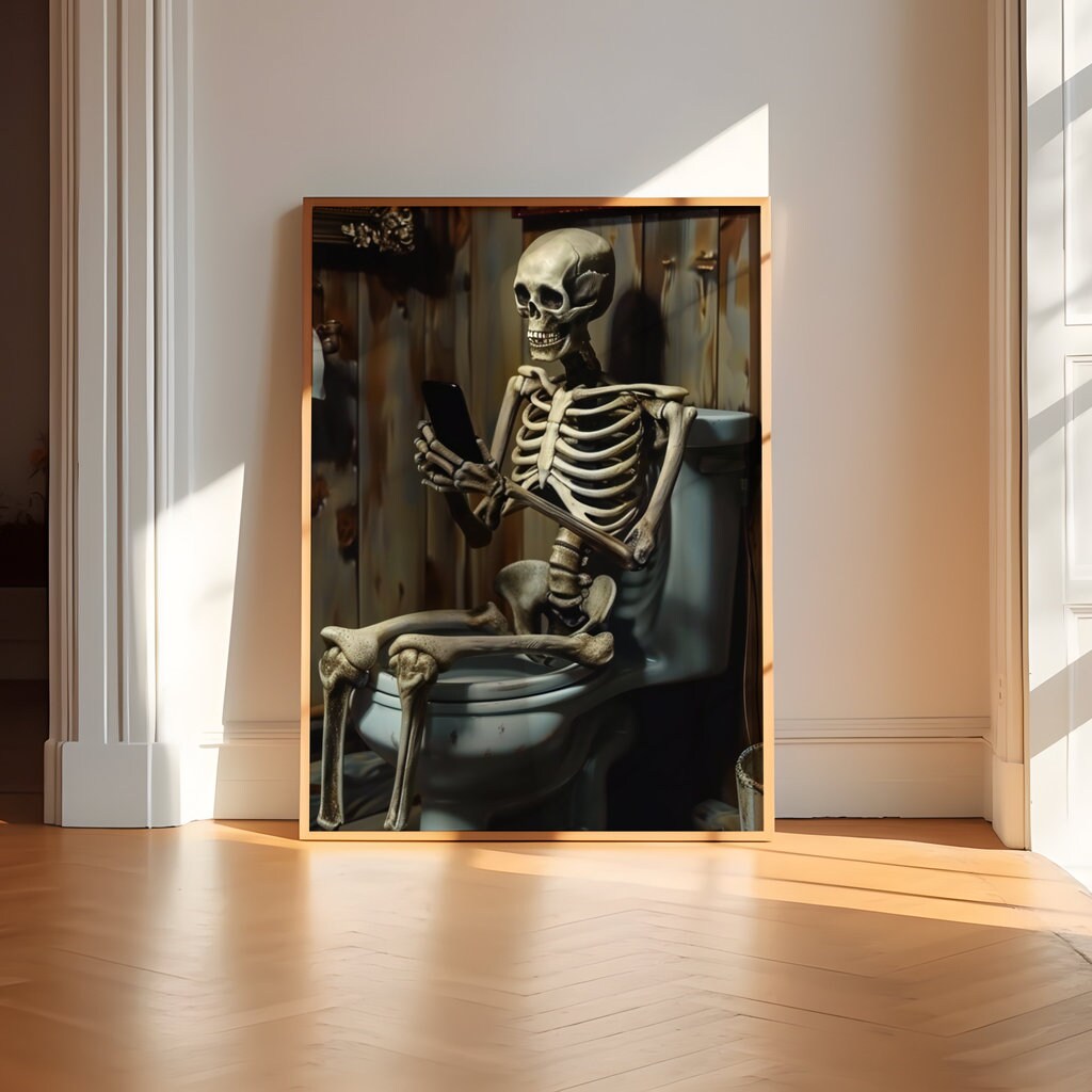 Skeleton in Bathroom on phone Interactive Wall Art