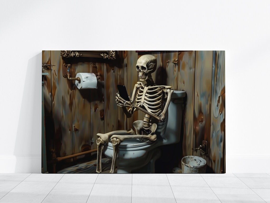 Skeleton in Bathroom on phone Interactive Wall Art