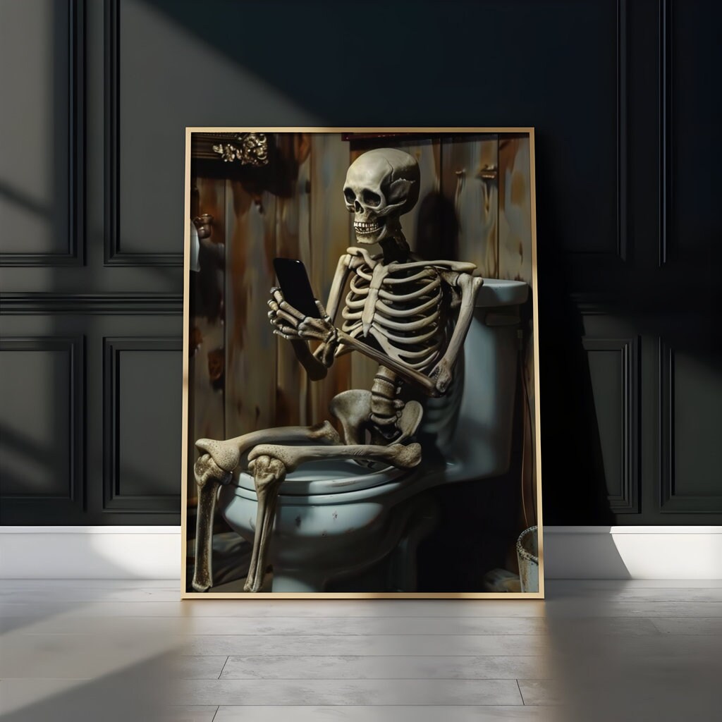 Skeleton in Bathroom on phone Interactive Wall Art