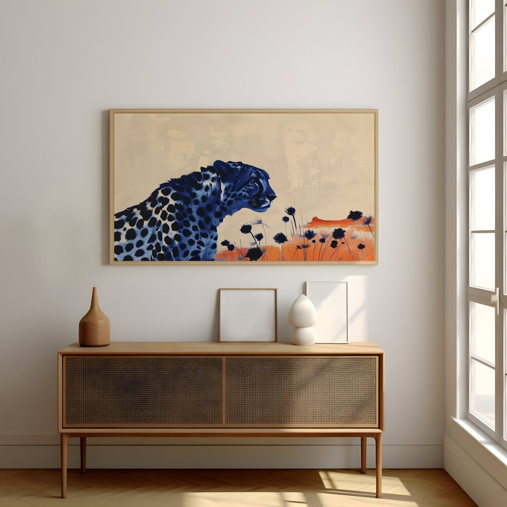 Surreal Leopard in Desert Dark Spots Against Vibrant Orange Interactive Wall Art