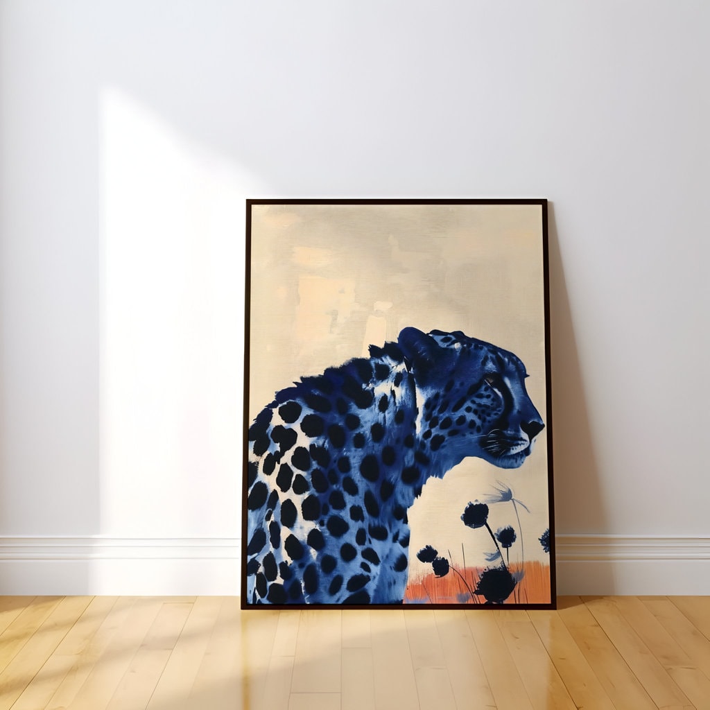 Surreal Leopard in Desert Dark Spots Against Vibrant Orange Interactive Wall Art