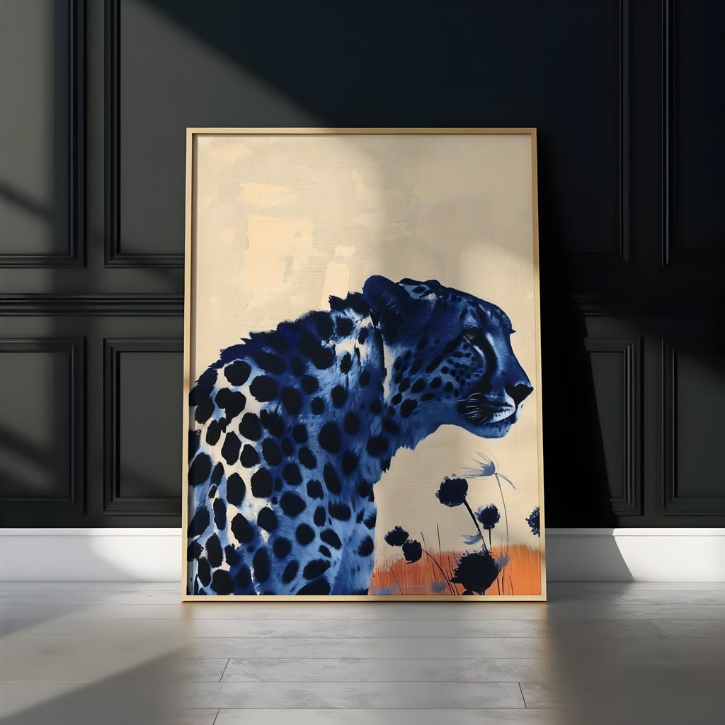 Surreal Leopard in Desert Dark Spots Against Vibrant Orange Interactive Wall Art