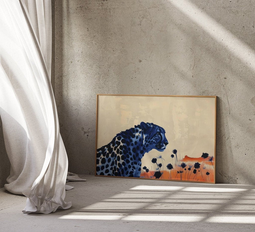 Surreal Leopard in Desert Dark Spots Against Vibrant Orange Interactive Wall Art