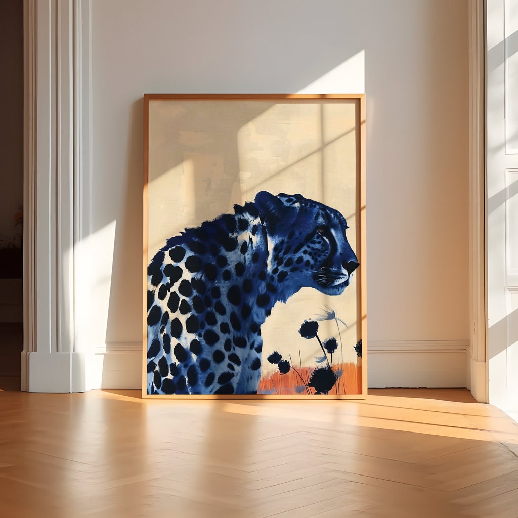 Surreal Leopard in Desert Dark Spots Against Vibrant Orange Interactive Wall Art