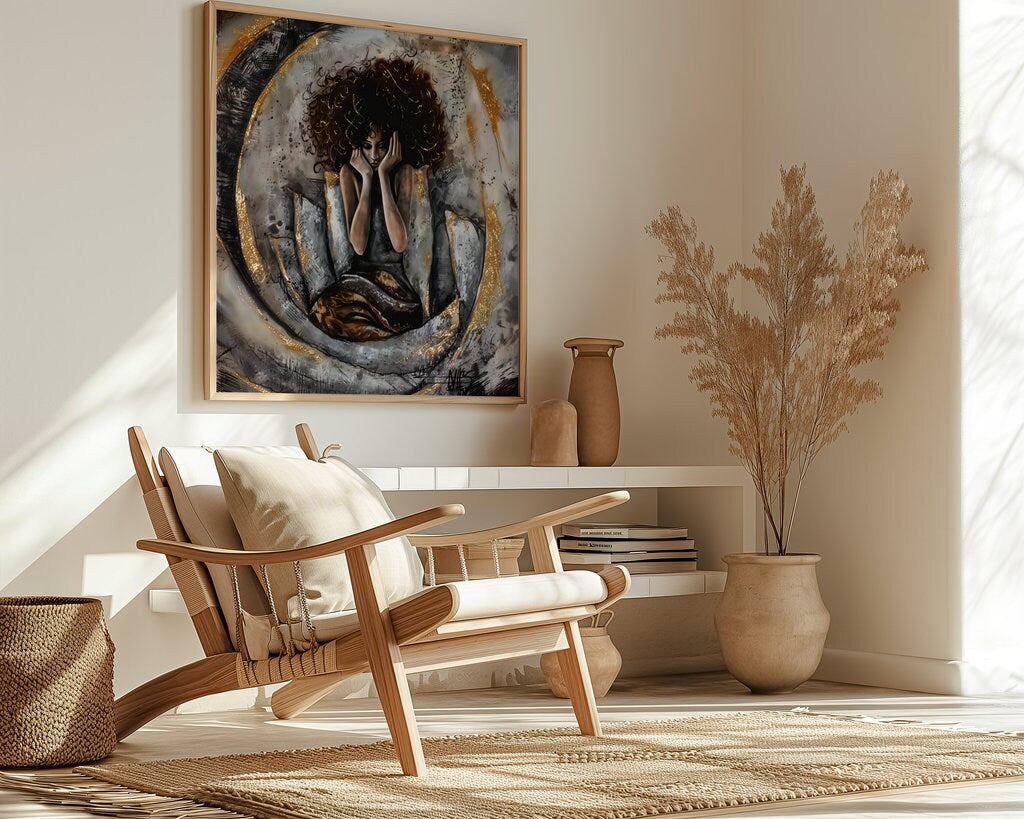 The Golden Self: Ethereal Meditating Woman Abstract Art | Mystical & Serene Wall Decor