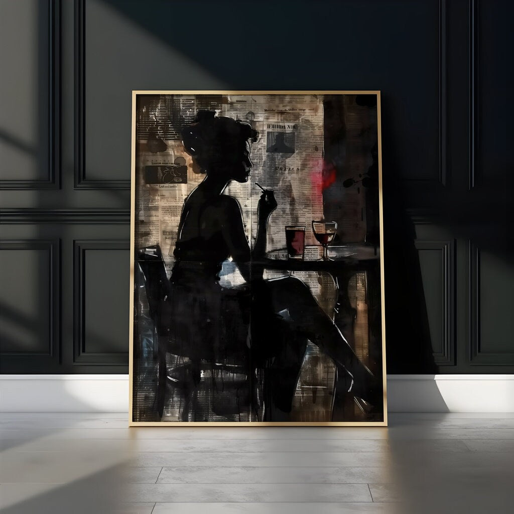 Moody Urban Silhouette Woman with Wine Cinematic and Dramatic Interactive Wall Art