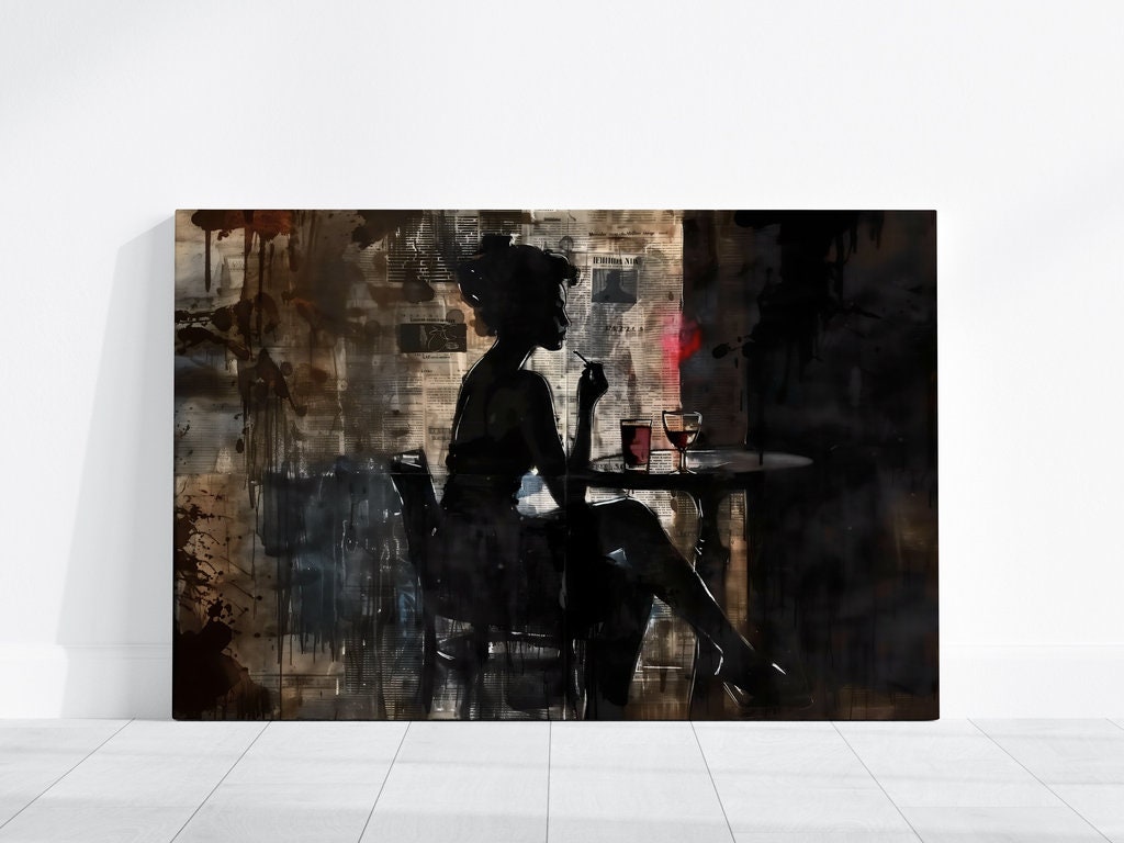 Urban Noir: Woman with Wine Silhouette Art | Moody & Cinematic Cityscape Decor