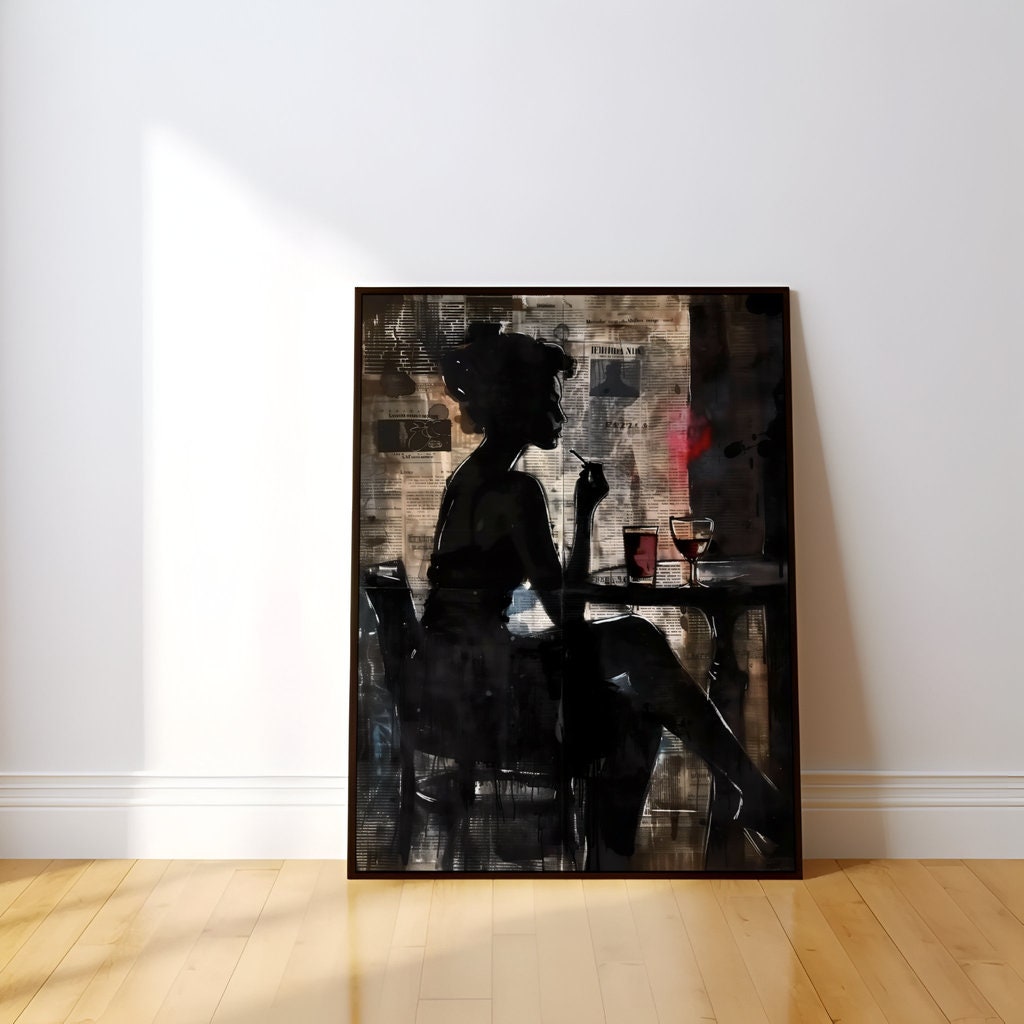 Moody Urban Silhouette Woman with Wine Cinematic and Dramatic Interactive Wall Art