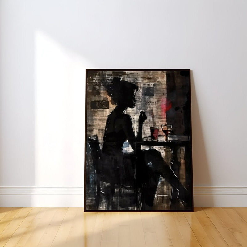 Woman Wine Silhouette Art - Urban Noir Cinematic Wall Art | Moody Cityscape Decor