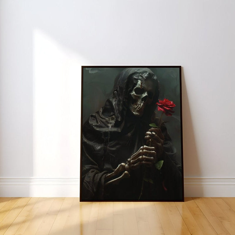 Dark Hooded Skull Figure – Gothic Wall Art With Red Rose | Moody Fantasy Decor