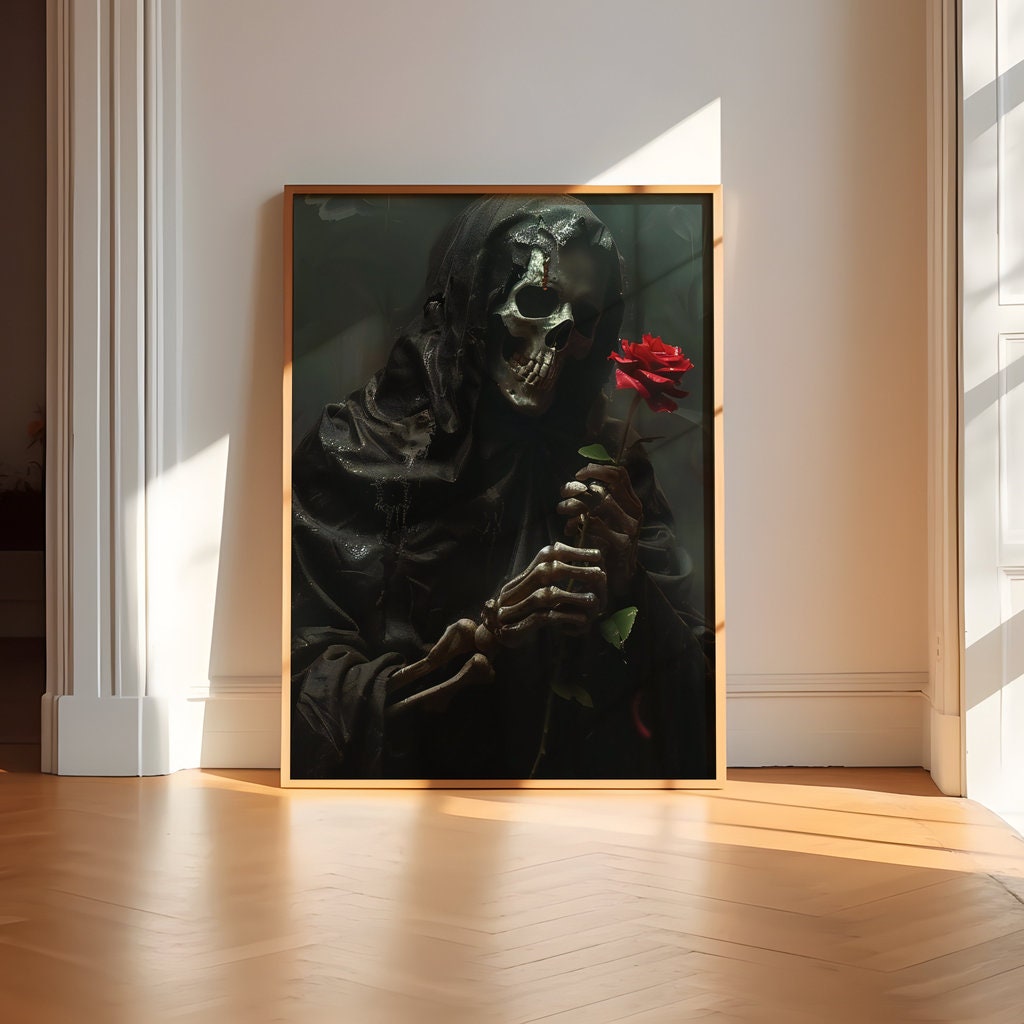 Dark Enigma Figure with Red Rose in Moody Lighting Interactive Wall Art