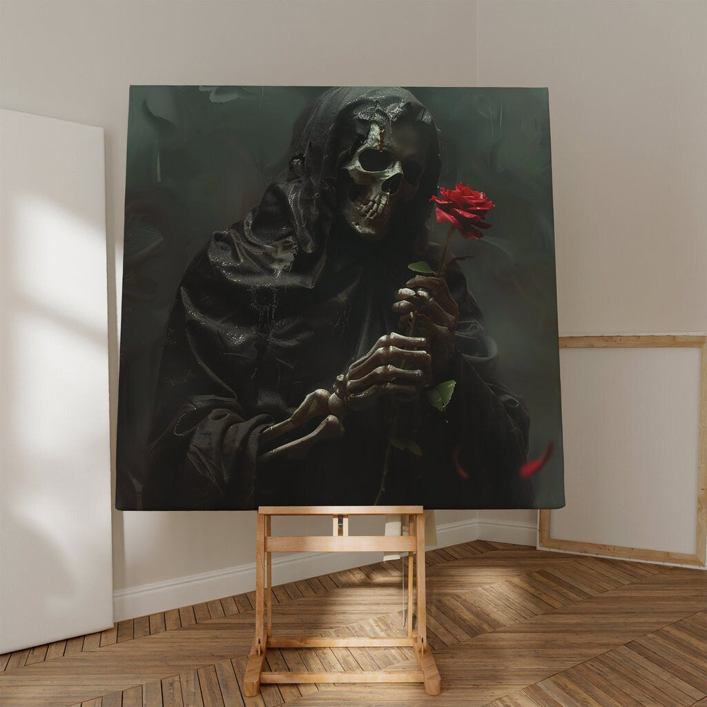 Dark Enigma Figure with Red Rose in Moody Lighting Interactive Wall Art