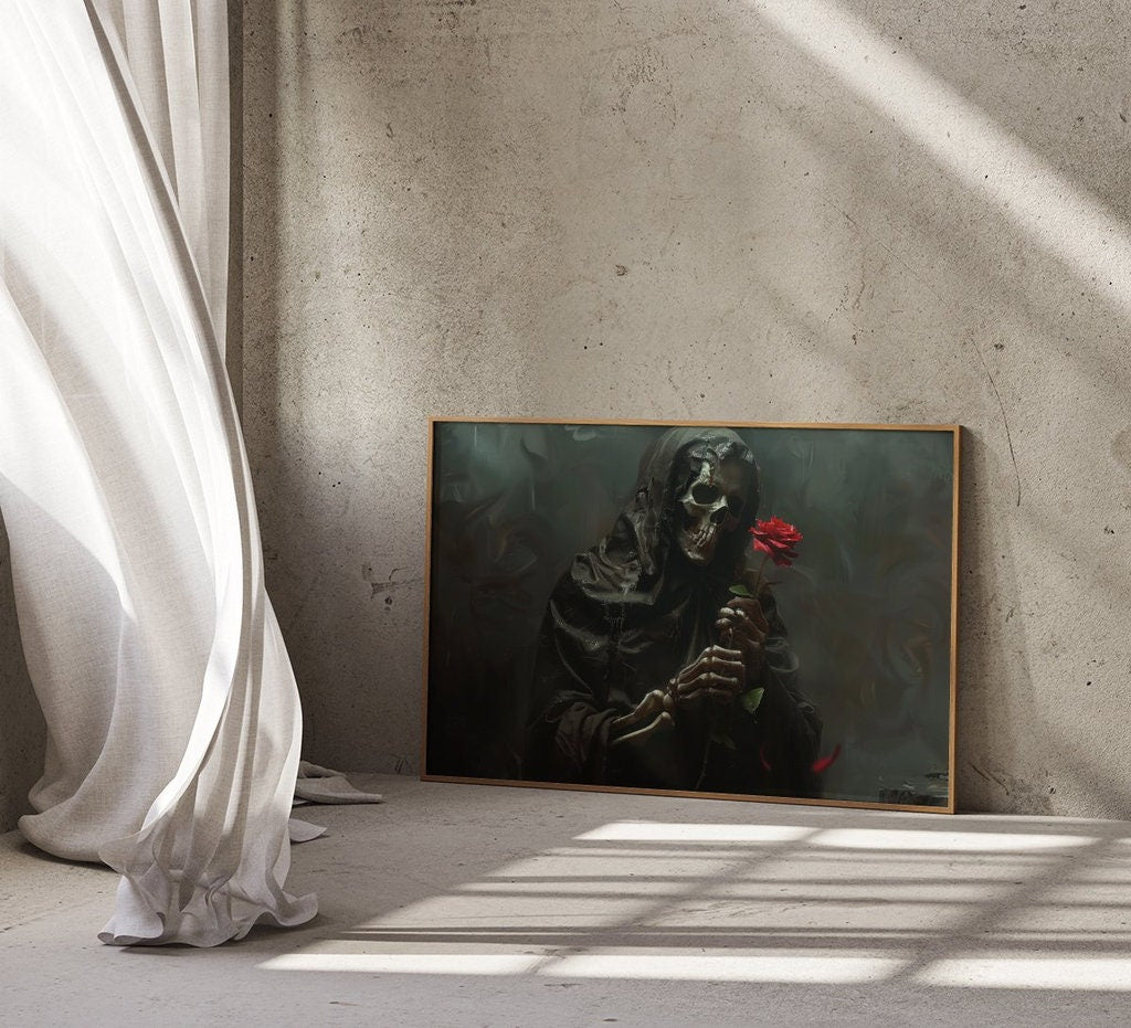 Dark Enigma Figure with Red Rose in Moody Lighting Interactive Wall Art