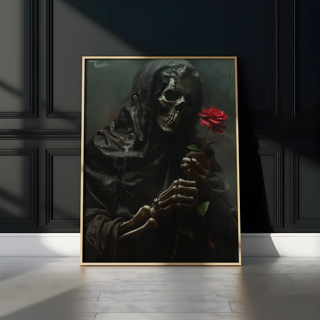 The Crimson Offering: Dark Hooded Skull Figure with Red Rose | Gothic & Moody Fantasy Art