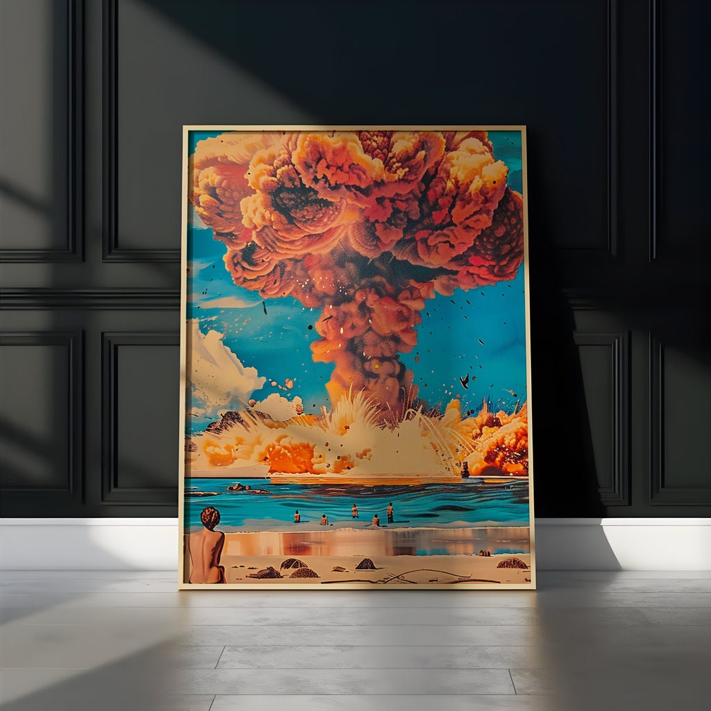 Dramatic Nuclear Explosion Mushroom Cloud Over Beach Interactive Wall Art