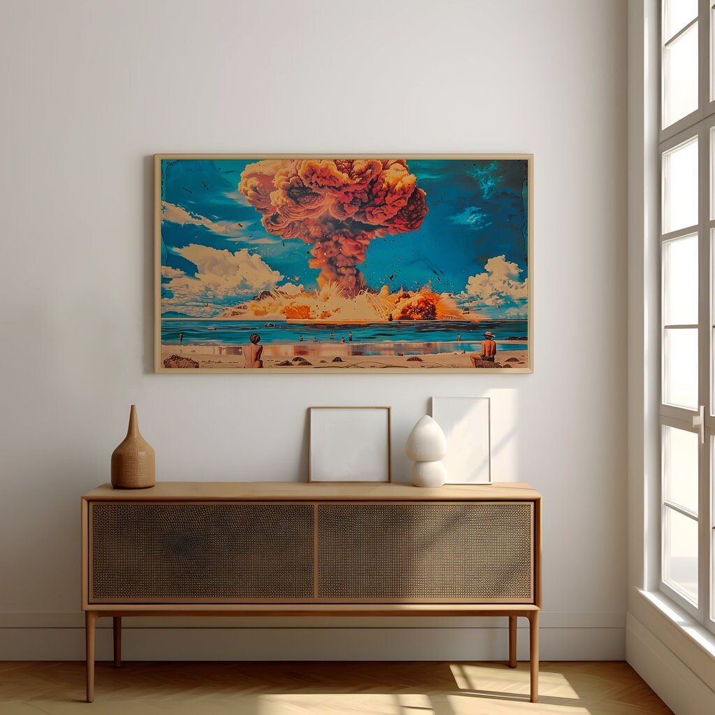 Dramatic Nuclear Explosion Mushroom Cloud Over Beach Interactive Wall Art